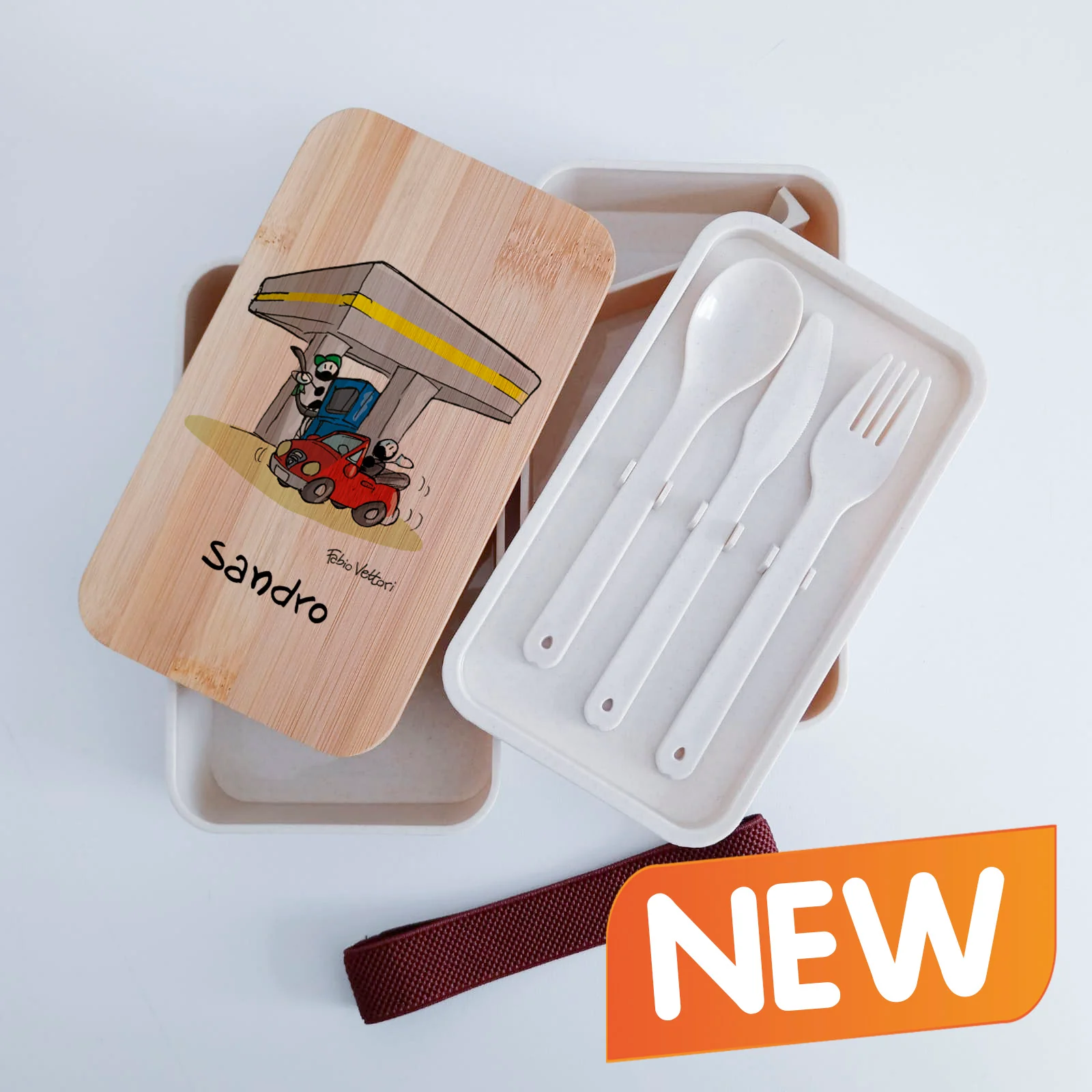 Scatola Porta Pranzo con coperchio in bambù e Posate Personalizzata soggetto "Benzinai" - immagine 2