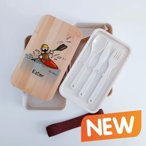 Scatola Porta Pranzo con coperchio in bambù e Posate Personalizzata soggetto "Kayak"