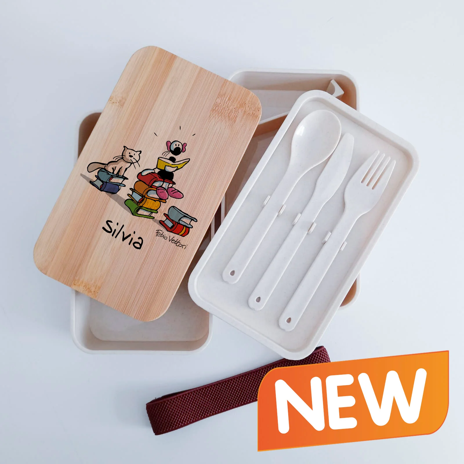 Scatola Porta Pranzo con coperchio in bambù e Posate Personalizzata soggetto "Libri" - immagine 2
