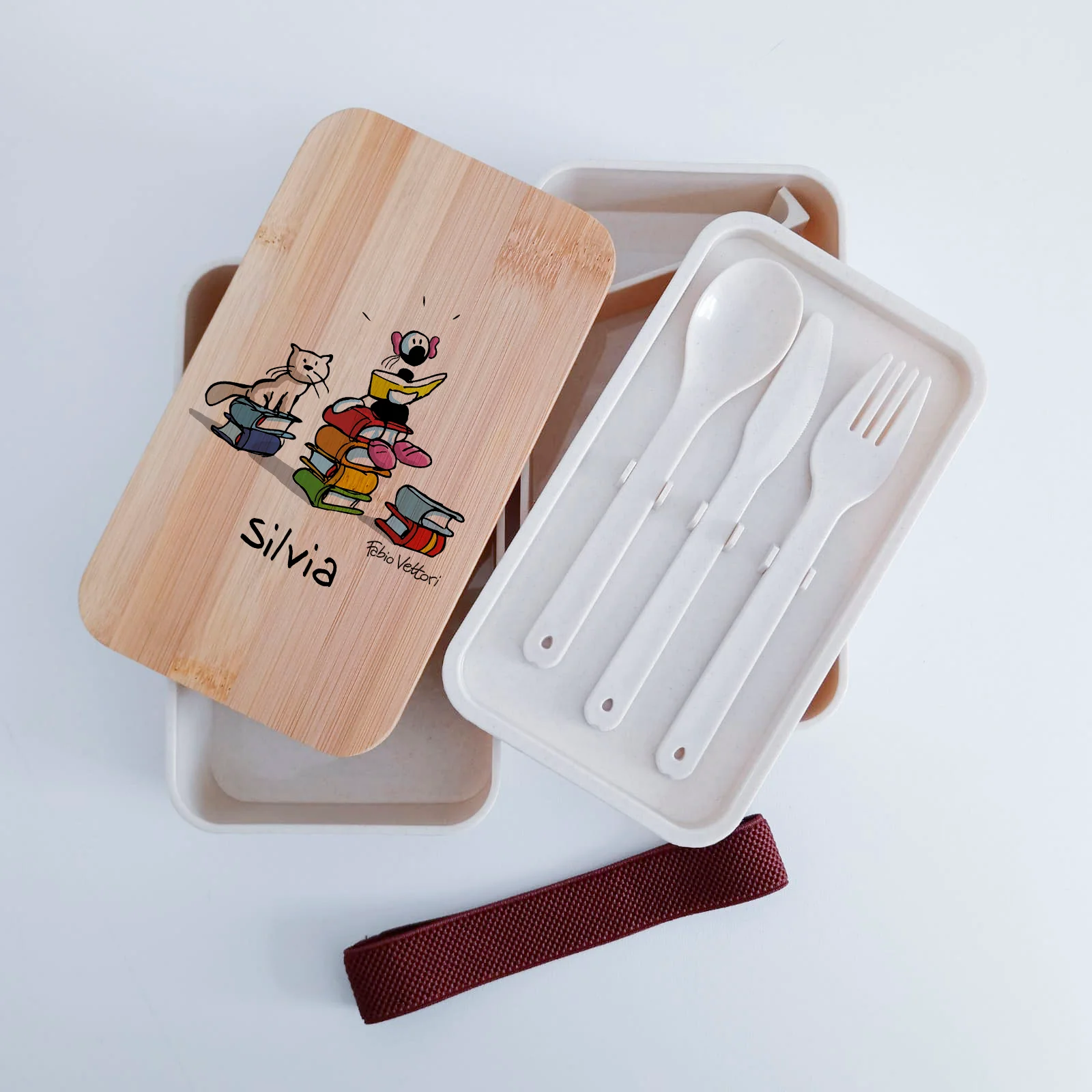 Scatola Porta Pranzo con coperchio in bambù e Posate Personalizzata soggetto "Libri" - immagine 6