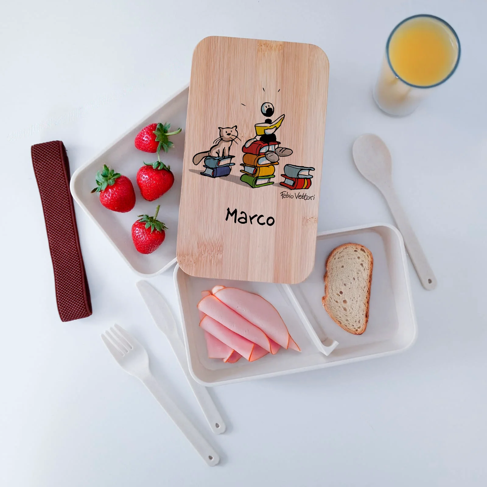 Scatola Porta Pranzo con coperchio in bambù e Posate Personalizzata soggetto "Libri" - immagine 4