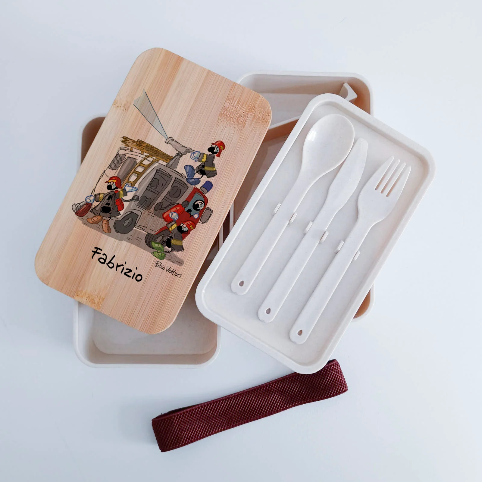 Scatola Porta Pranzo con coperchio in bambù e Posate Personalizzata soggetto "Pompieri" - immagine 6