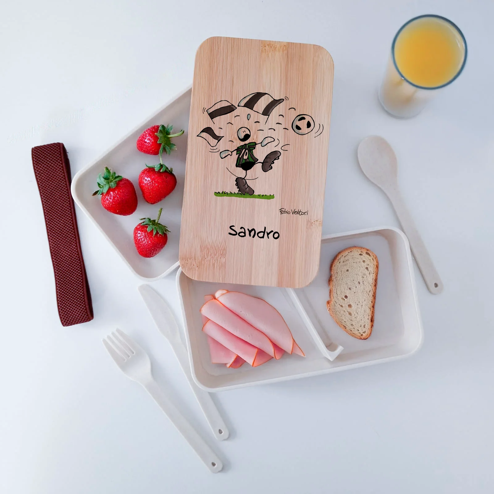 Scatola Porta Pranzo con coperchio in bambù e Posate Personalizzata soggetto "Sassuolo" - immagine 4