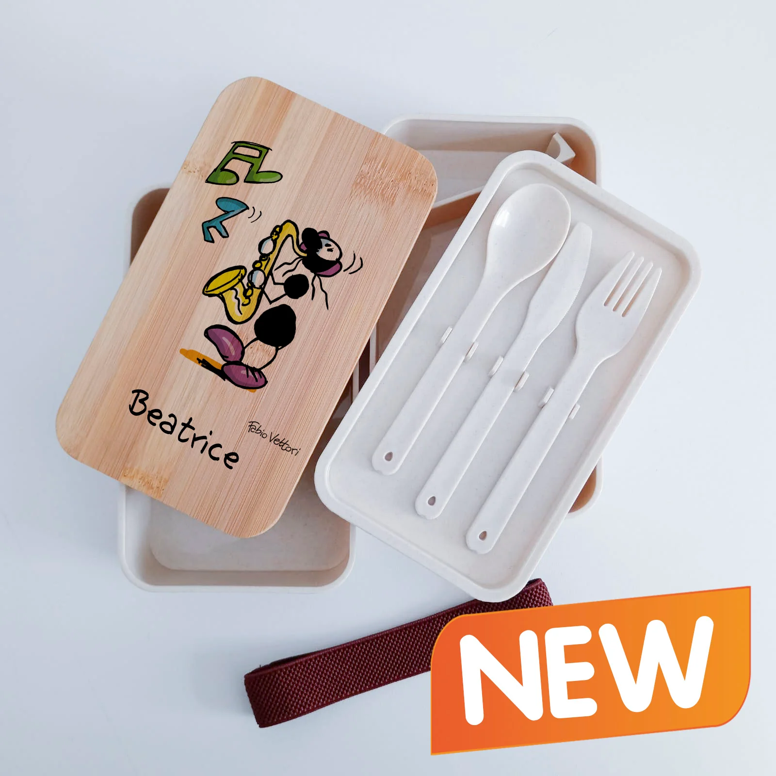 Scatola Porta Pranzo con coperchio in bambù e Posate Personalizzata soggetto "Sax" - immagine 2