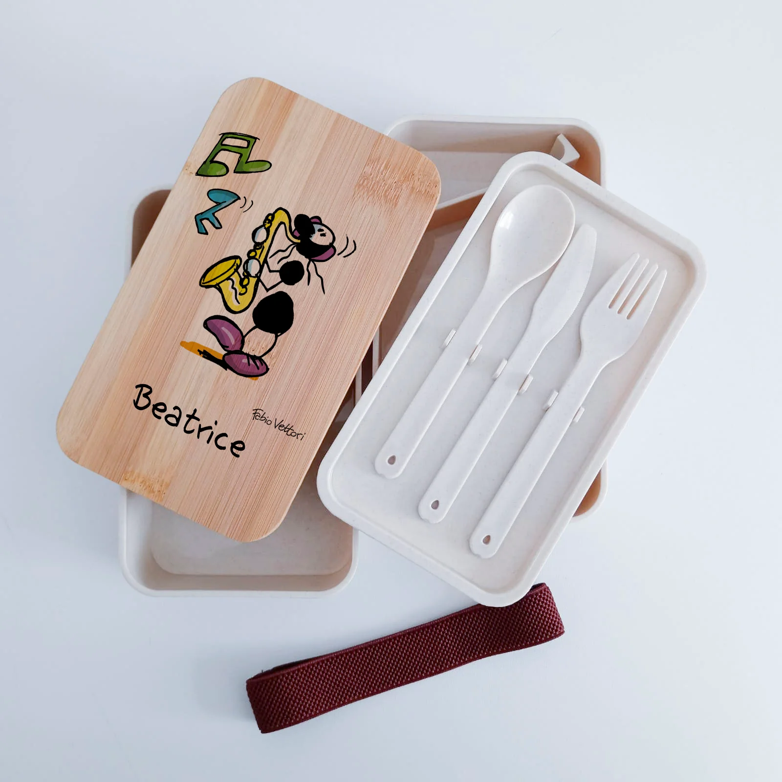 Scatola Porta Pranzo con coperchio in bambù e Posate Personalizzata soggetto "Sax" - immagine 7