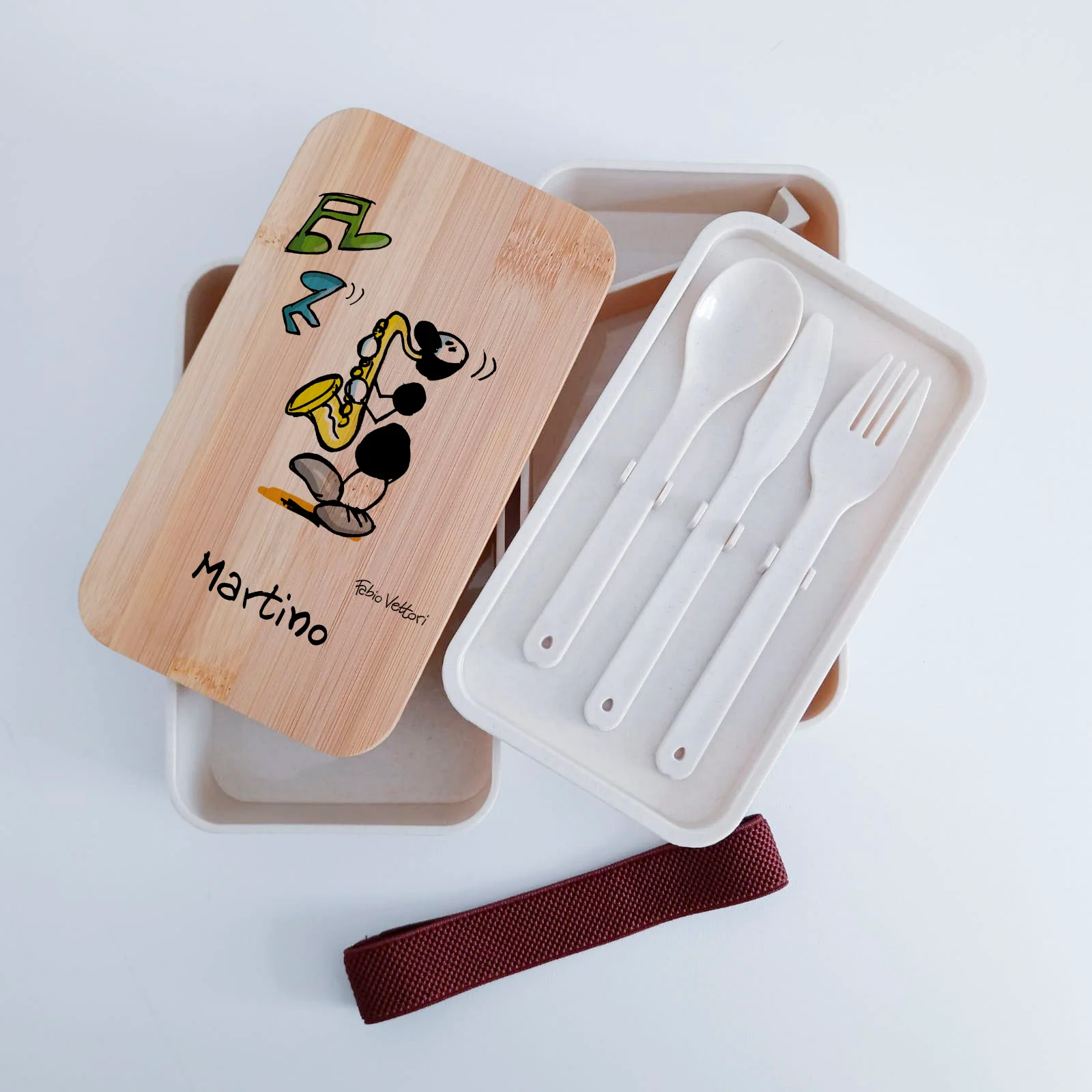 Scatola Porta Pranzo con coperchio in bambù e Posate Personalizzata soggetto "Sax" - immagine 6