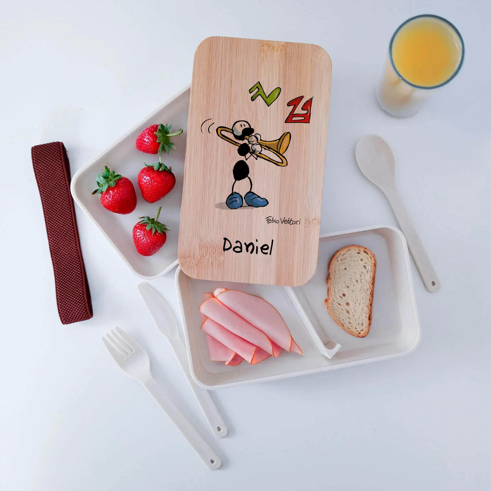 Scatola Porta Pranzo con coperchio in bambù e Posate Personalizzata soggetto "Trombone" - immagine 5