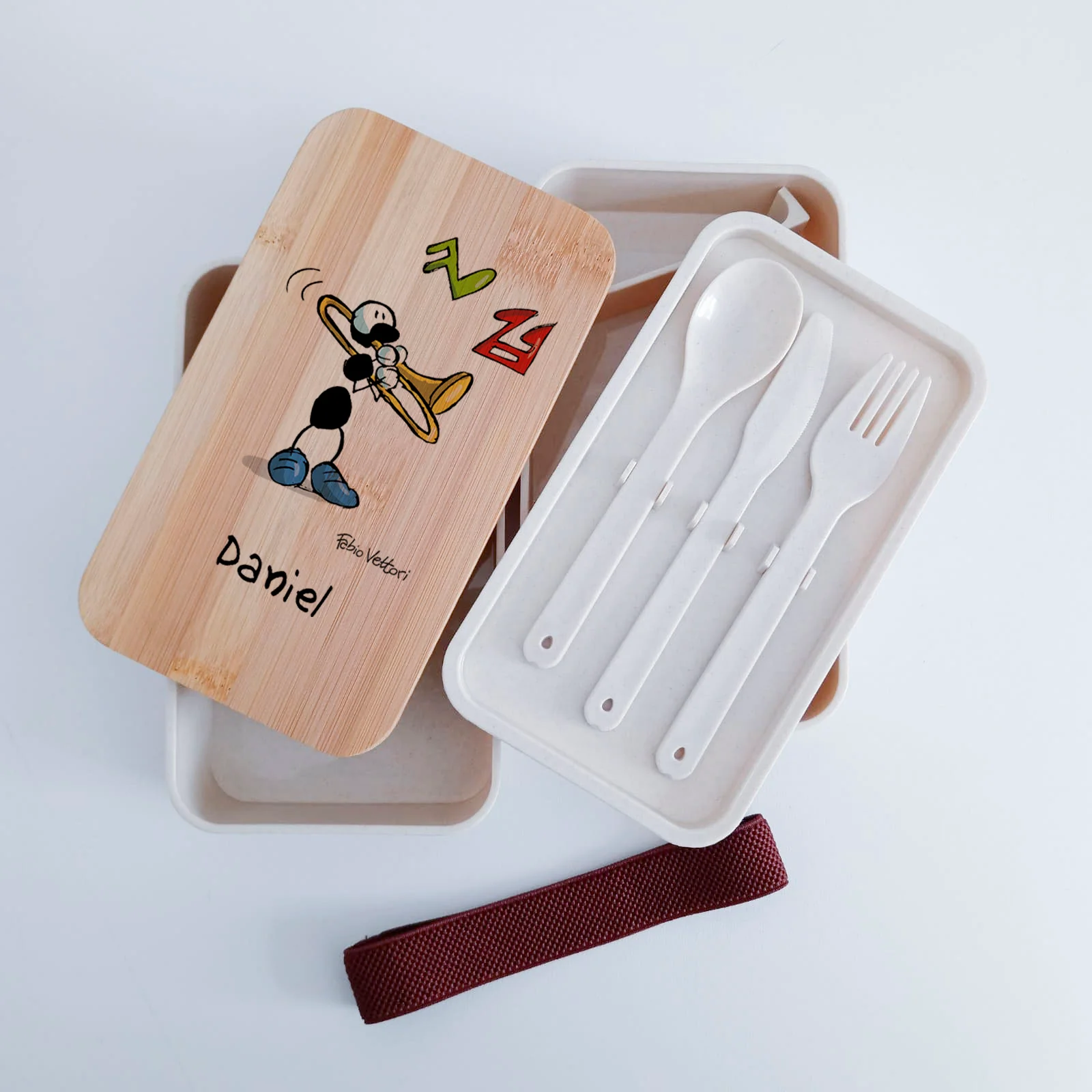 Scatola Porta Pranzo con coperchio in bambù e Posate Personalizzata soggetto "Trombone" - immagine 6