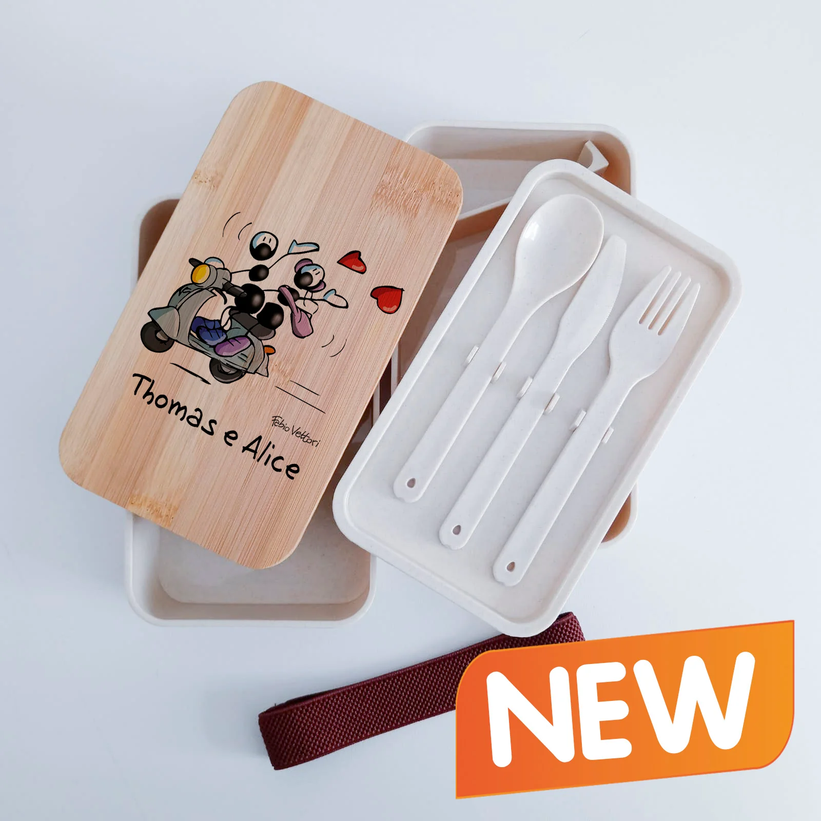 Scatola Porta Pranzo con coperchio in bambù e Posate Personalizzata soggetto "Vespa" - immagine 2
