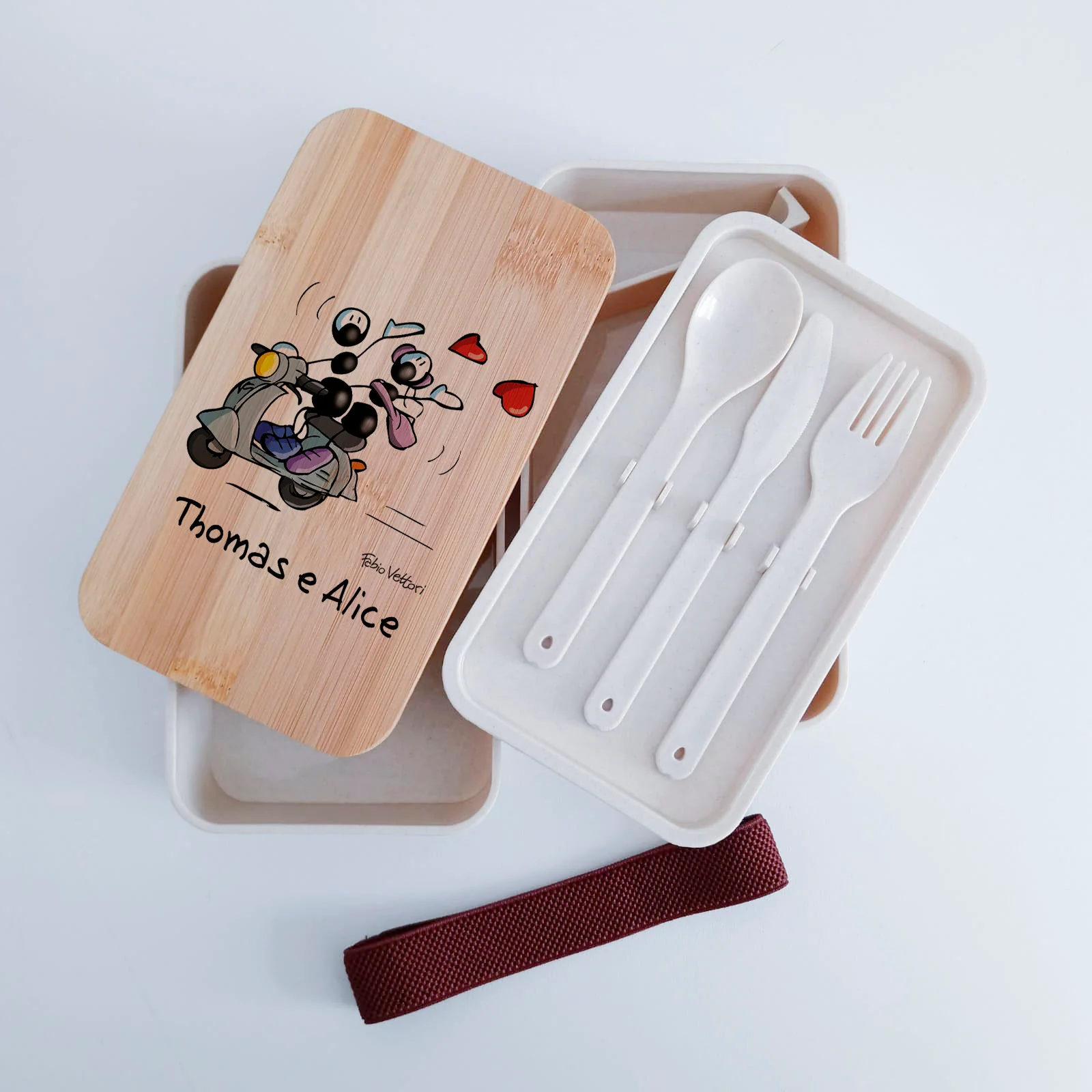 Scatola Porta Pranzo con coperchio in bambù e Posate Personalizzata soggetto "Vespa" - immagine 6